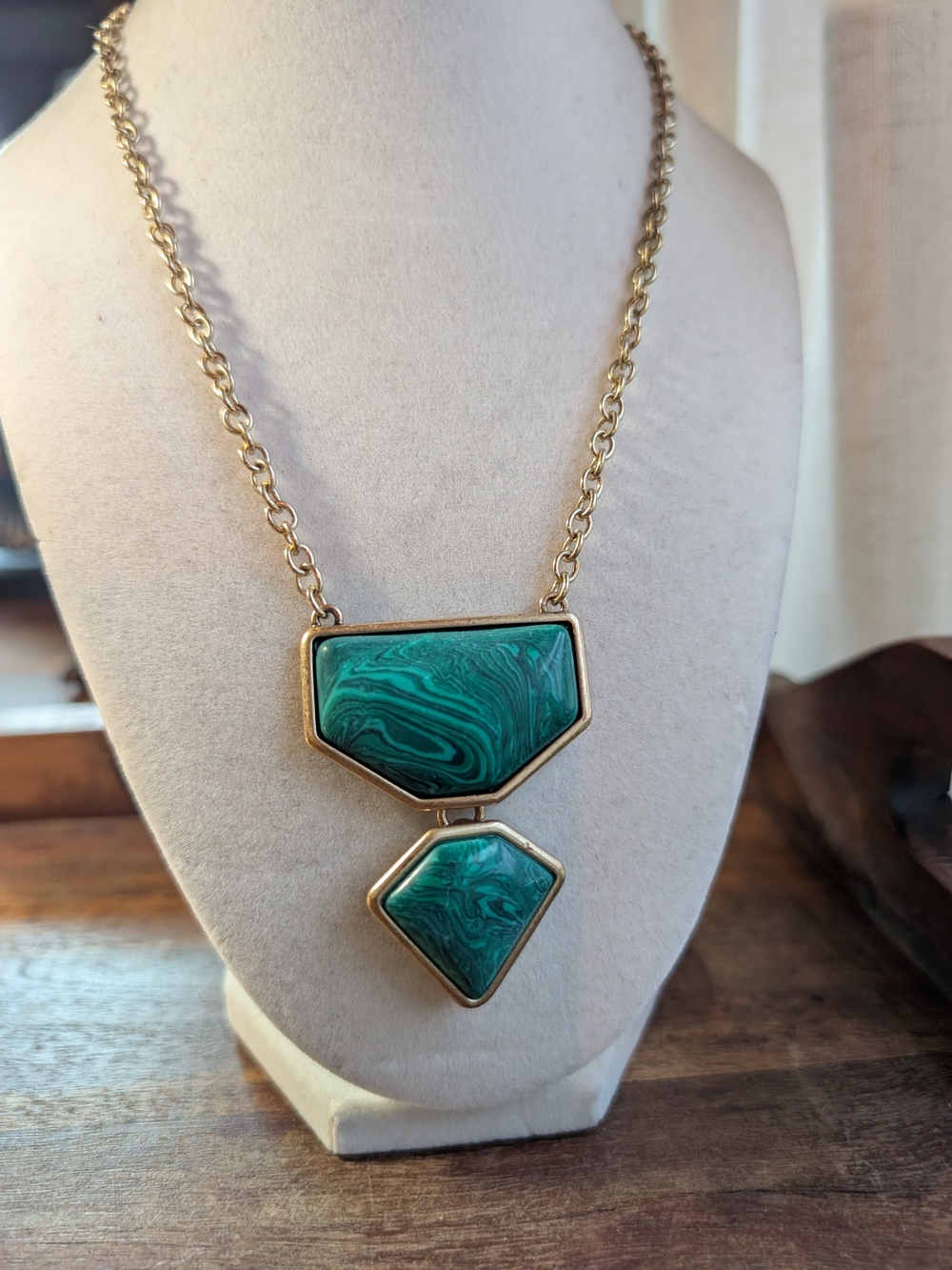 Gold Tone Vintage Necklace with Teal Marbled Geometric Pendants